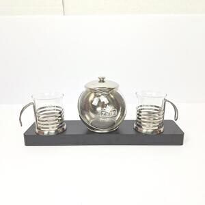 Vintage Zarrin Tea Master Tea Set With 2 Glass And Metal Matching Tea Cups